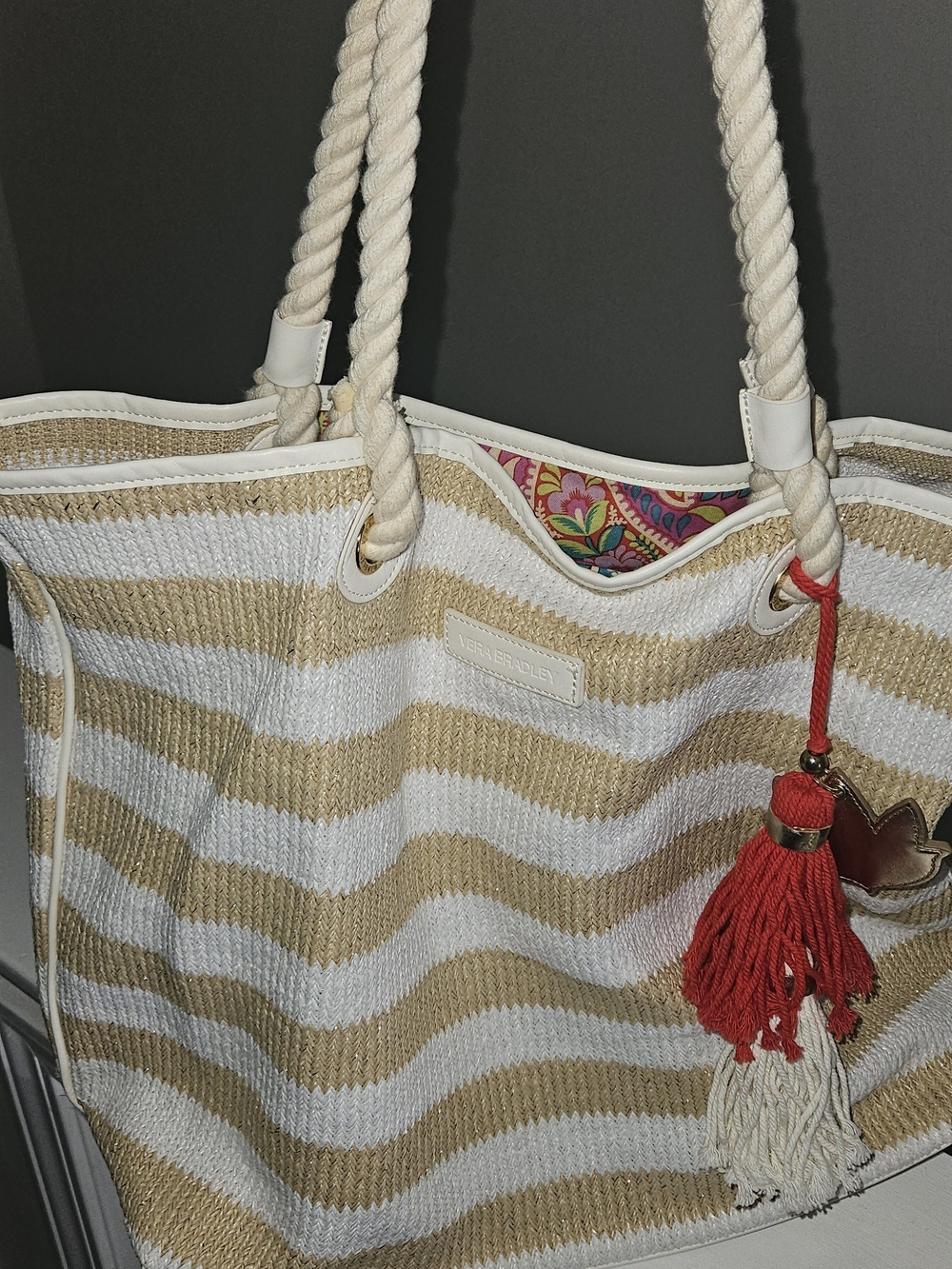 Vera Bradley Cream and Tan Striped Rope-Handle Tote with Red Tassel Accent